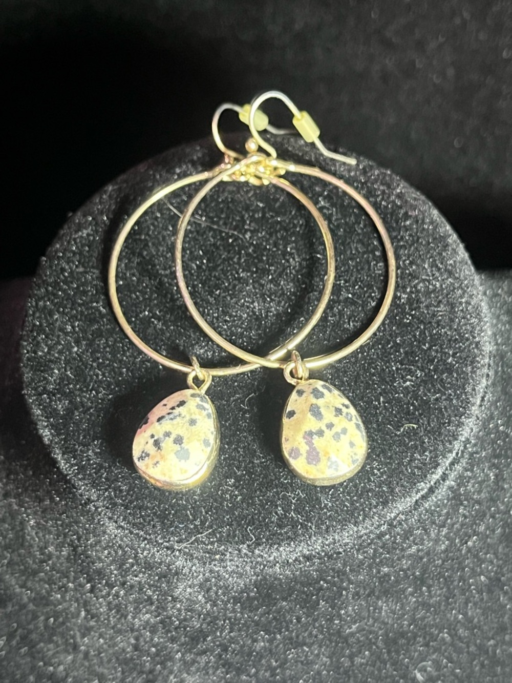 Gold Toned Dalmatian Jasper Dangly Hoop Earrings